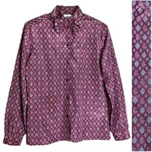VTG 70s 80s Pykettes silky burgandy floral argyle diamond blouse w/ bowtie SMALL